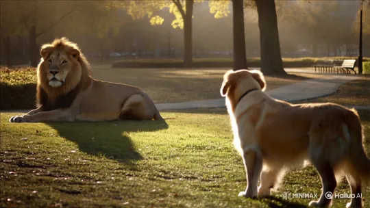 Curious Dog Meets Majestic Lion in City Park – AI Generated Video | Hailuo AI