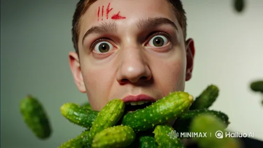 Young Man in a Surreal Pickle Scene with Intense Gaze – AI Generated Video | Hailuo AI