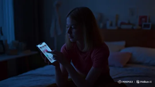 Lonely Woman Amidst Social Media Glow – AI Generated Video | Hailuo AI