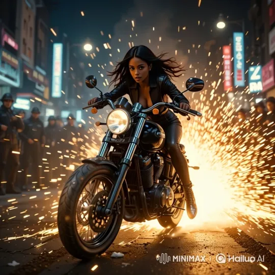 Ava on Motorcycle Navigates Blockade With Intense Speed – AI Generated Video | Hailuo AI