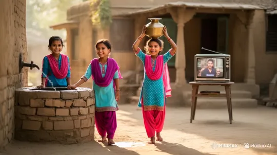Nostalgic Village Life: Girls by Well, Family Watching TV – AI Generated Video | Hailuo AI