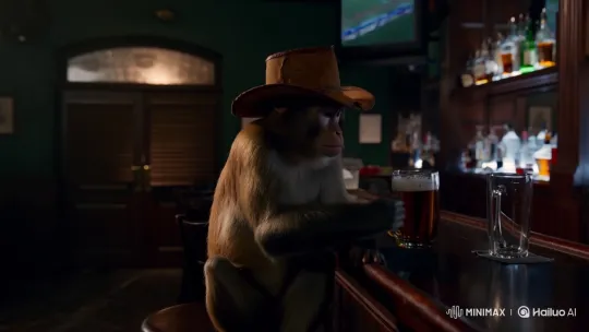 Monkey in Cowboy Hat Watches Sports at Bar – AI Generated Video | Hailuo AI