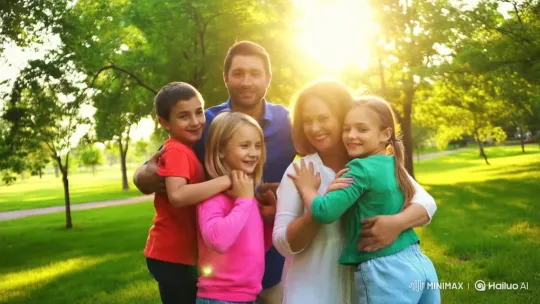 Family Embraces in Sunny Park with Laughter – AI Generated Video | Hailuo AI