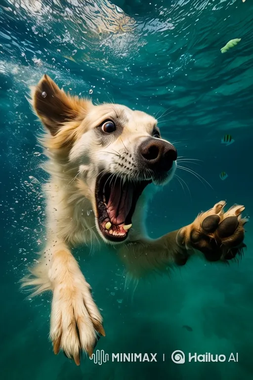 Energetic Dog Enjoys Playful Underwater Chase for Treats – AI Generated Video | Hailuo AI