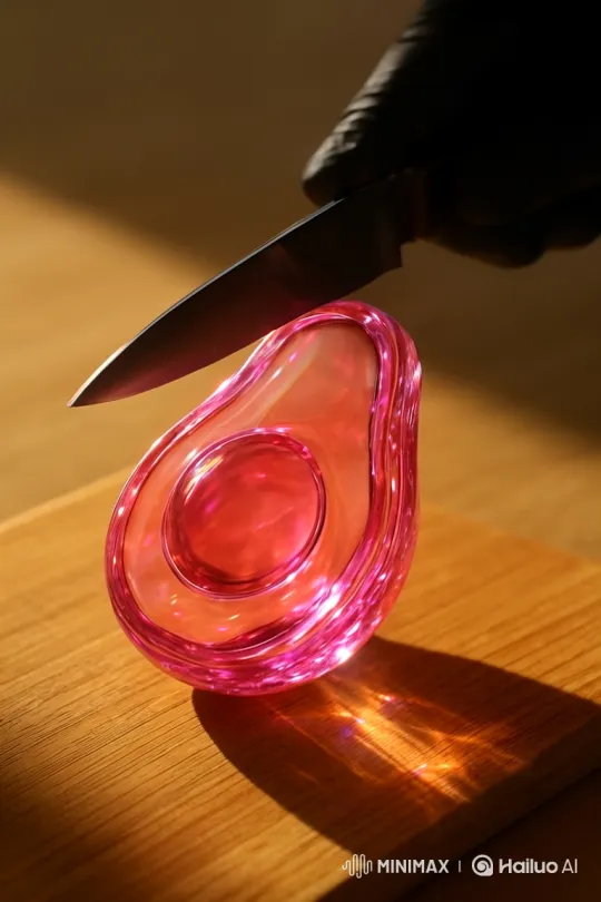 Glass Avocado Teased by Knife Under Sunlight – AI Generated Video | Hailuo AI