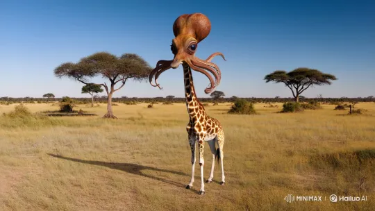 Surreal Hybrid: Octopus-Headed Giraffe in Savanna – AI Generated Video | Hailuo AI