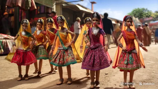Miniature Haryanvi Women in Vibrant Marketplace and Cloth Shop – AI Generated Video | Hailuo AI