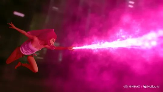 Female Character Flies, Shooting Energy in Futuristic Cityscape – AI Generated Video | Hailuo AI