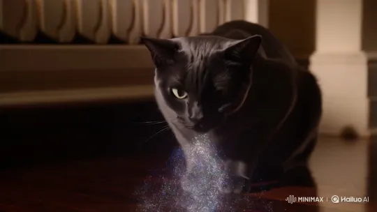 Curious Cat Inhales Magical Dust on Wooden Floor – AI Generated Video | Hailuo AI