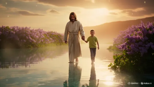 Jesus-like Figure Leads Boy on Serene Walk Across Water – AI Generated Video | Hailuo AI