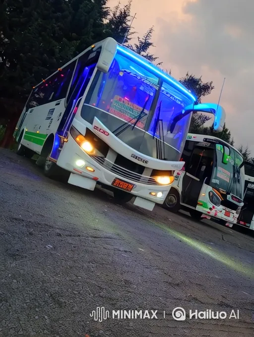 Dusk Scene: Idling Bus with Pulsing LED Lights – AI Generated Video | Hailuo AI