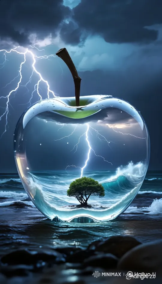 Miniature World Inside a Floating Apple Amidst a Storm – AI Generated Video | Hailuo AI