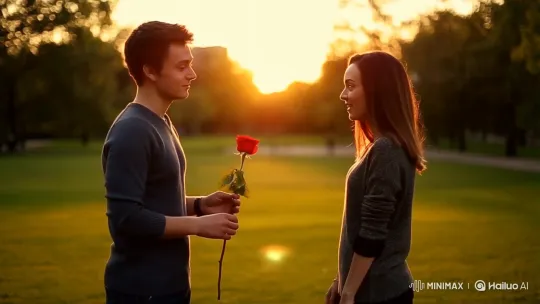 Young Man Offers Rose to Woman in Sunset Park – AI Generated Video | Hailuo AI