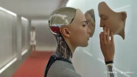 Android Reacts to Animated Mask in White Hallway – AI Generated Video | Hailuo AI
