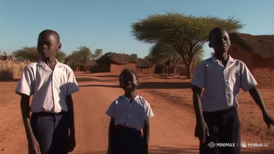 African Village: Older Boys Amuse Young Girl with Funny Gestures – AI Generated Video | Hailuo AI
