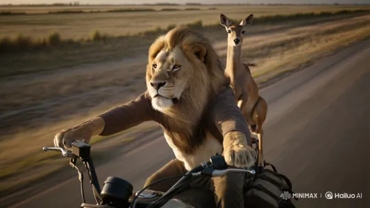 Lion and Deer Ride Motorcycle Down Paved Road – AI Generated Video | Hailuo AI