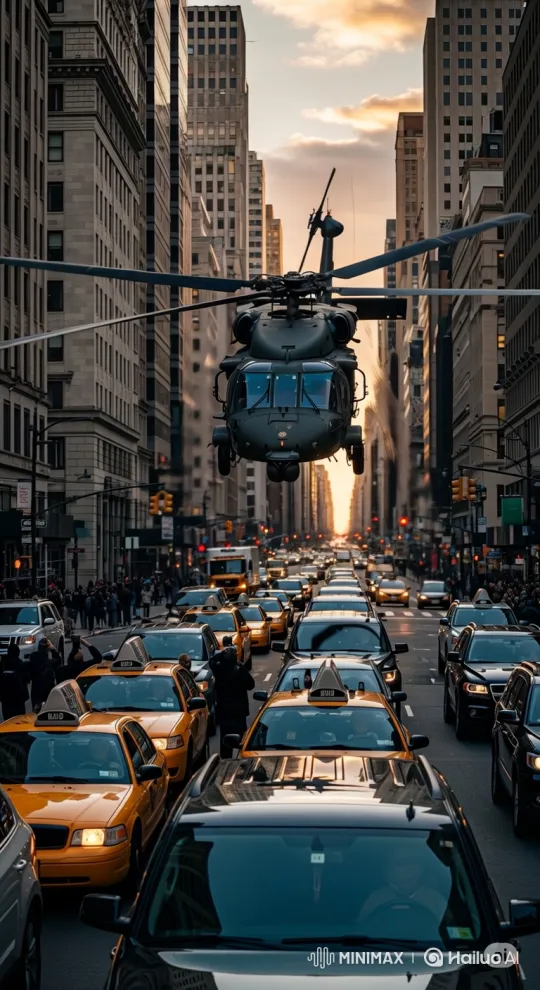 Helicopter hovers over gridlocked NYC street – AI Generated Video | Hailuo AI