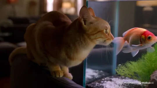 Curious Cat Watches Glittering Goldfish in Tank – AI Generated Video | Hailuo AI