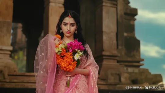 Young Woman in Ornate Dress Descends Temple Steps – AI Generated Video | Hailuo AI