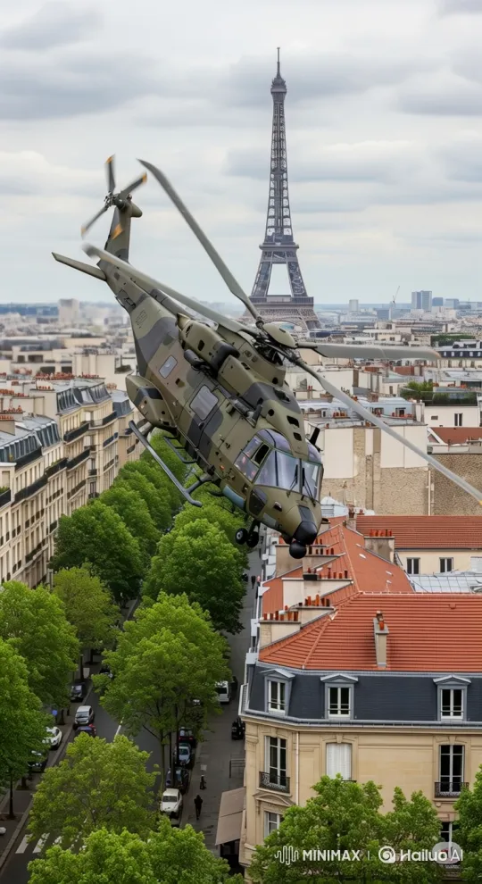 Military Helicopter Overflies Classic Paris with Dynamic Aerial Tracking – AI Generated Video | Hailuo AI