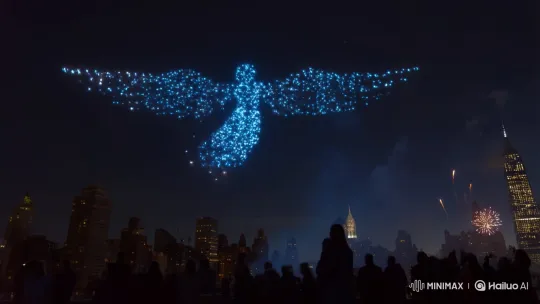 Angel Formed by Drones Flies Over NYC With Fireworks – AI Generated Video | Hailuo AI