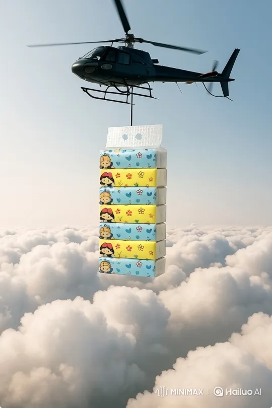 Helicopter Delivers Tissues to a Cloud in Cinematic Scene – AI Generated Video | Hailuo AI