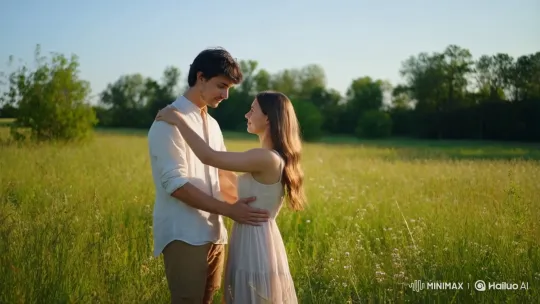 Young Couple's Intimate Embrace in Sunlit Meadow – AI Generated Video | Hailuo AI