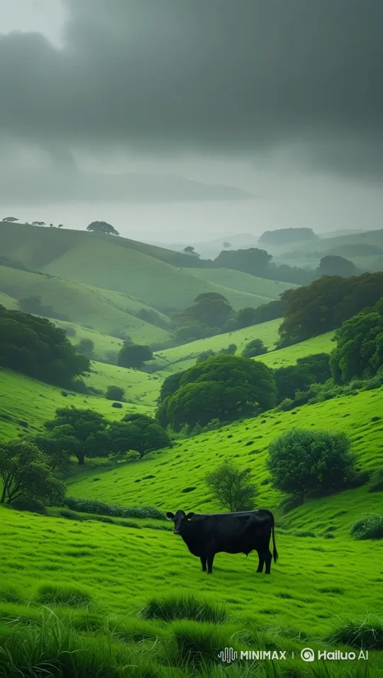 Tranquil Pasture: Cow Grazing in Gentle Rain – AI Generated Video | Hailuo AI