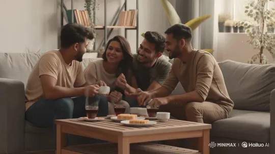 South Asian Friends Enjoying Tea and Laughter – AI Generated Video | Hailuo AI