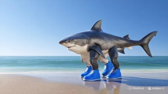 Surreal Three-Legged Shark Walks in Blue Shoes – AI Generated Video | Hailuo AI