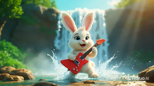 Cartoon Bunnies Jam by Waterfall – AI Generated Video | Hailuo AI